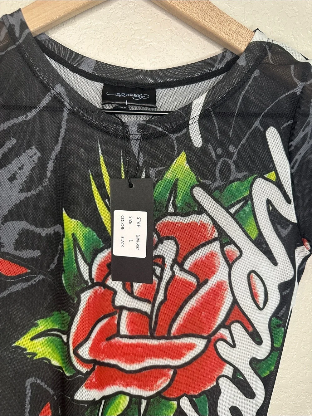 NWT Ed Hardy Black Mesh Swim Cover Up Dress Tattoo Graphic Sz L